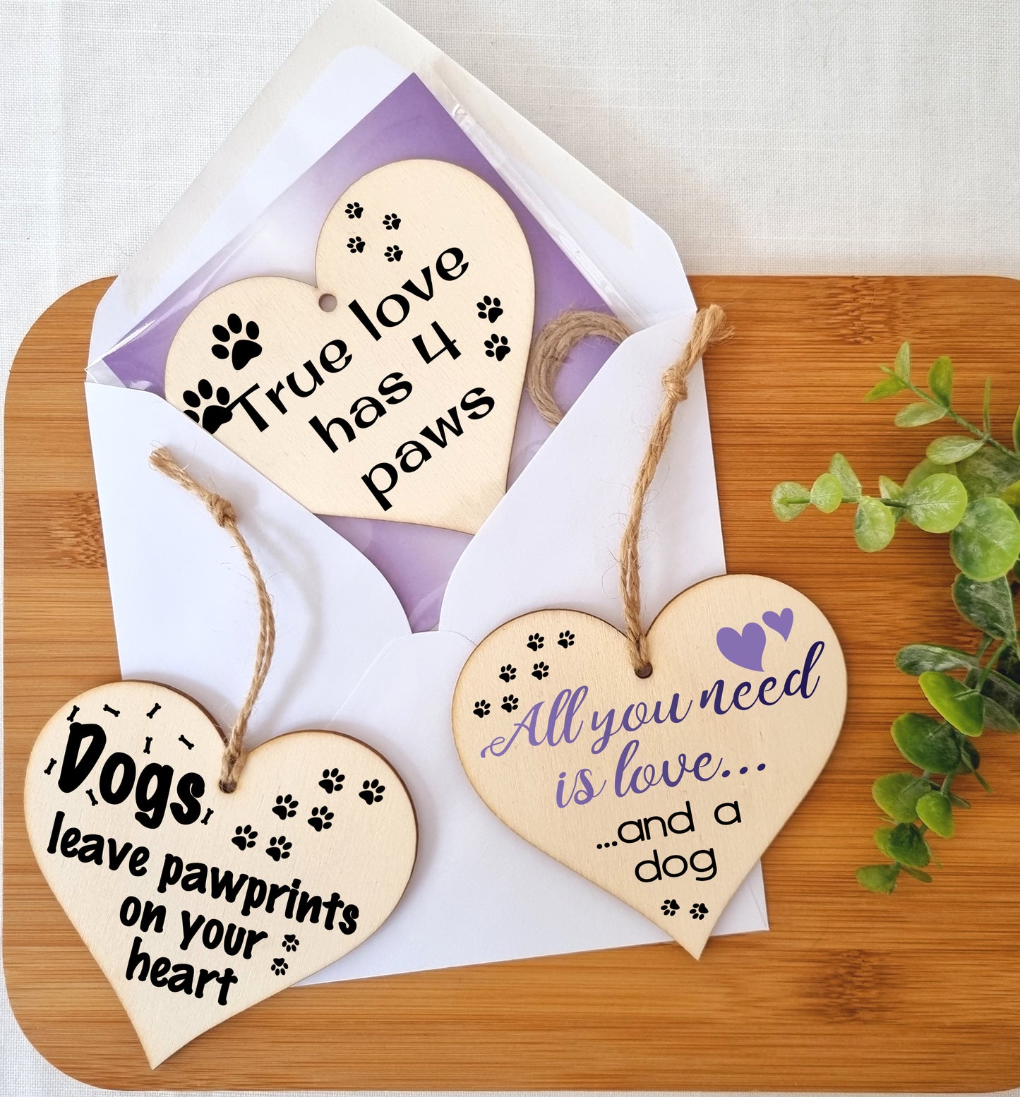 Set of 3 Hanging Decorations Wooden Hearts Dog Lover Sweet Gift | Dogs Leave Paw Prints on your Heart | True Love has 4 Paws