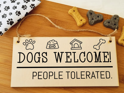 Handmade Wooden Hanging Wall Plaque Dogs Welcome People Tolerated Funny Cute Sign Pet Lover Dog Mum Dad