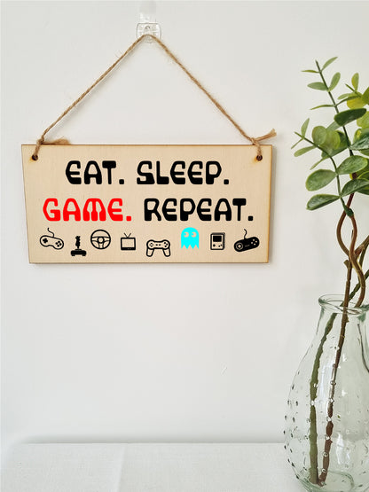 Handmade Wooden Hanging Wall Plaque Eat Sleep Game Repeat Fun Novelty Gamer Gift Computer Game Fans Man Cave