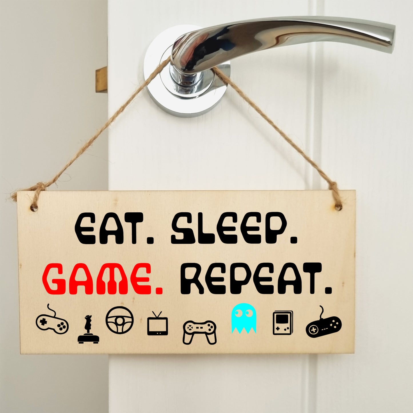 Handmade Wooden Hanging Wall Plaque Eat Sleep Game Repeat Fun Novelty Gamer Gift Computer Game Fans Man Cave