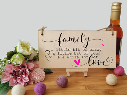 Handmade Wooden Hanging Wall Plaque Family A Little Bit Crazy Loud Love Decorative Sentimental Sign Gift Family