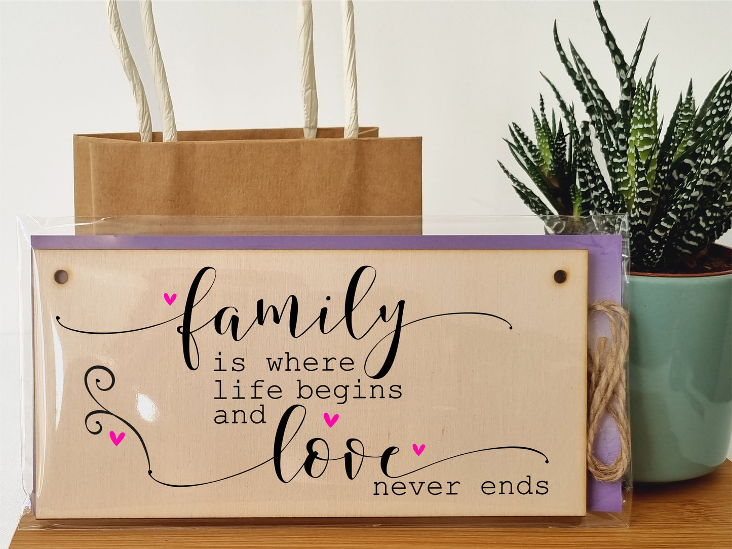 Handmade Wooden Hanging Wall Plaque Family Where Life Begins Love Never Ends Decorative Sentimental Sign Gift Family