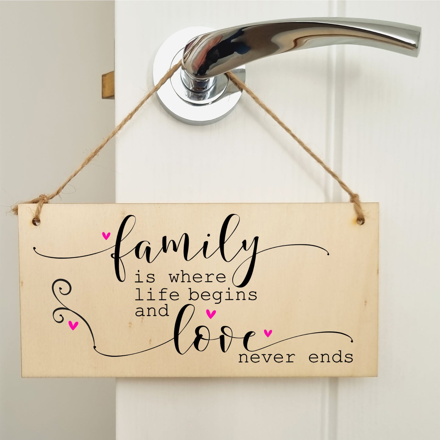 Handmade Wooden Hanging Wall Plaque Family Where Life Begins Love Never Ends Decorative Sentimental Sign Gift Family