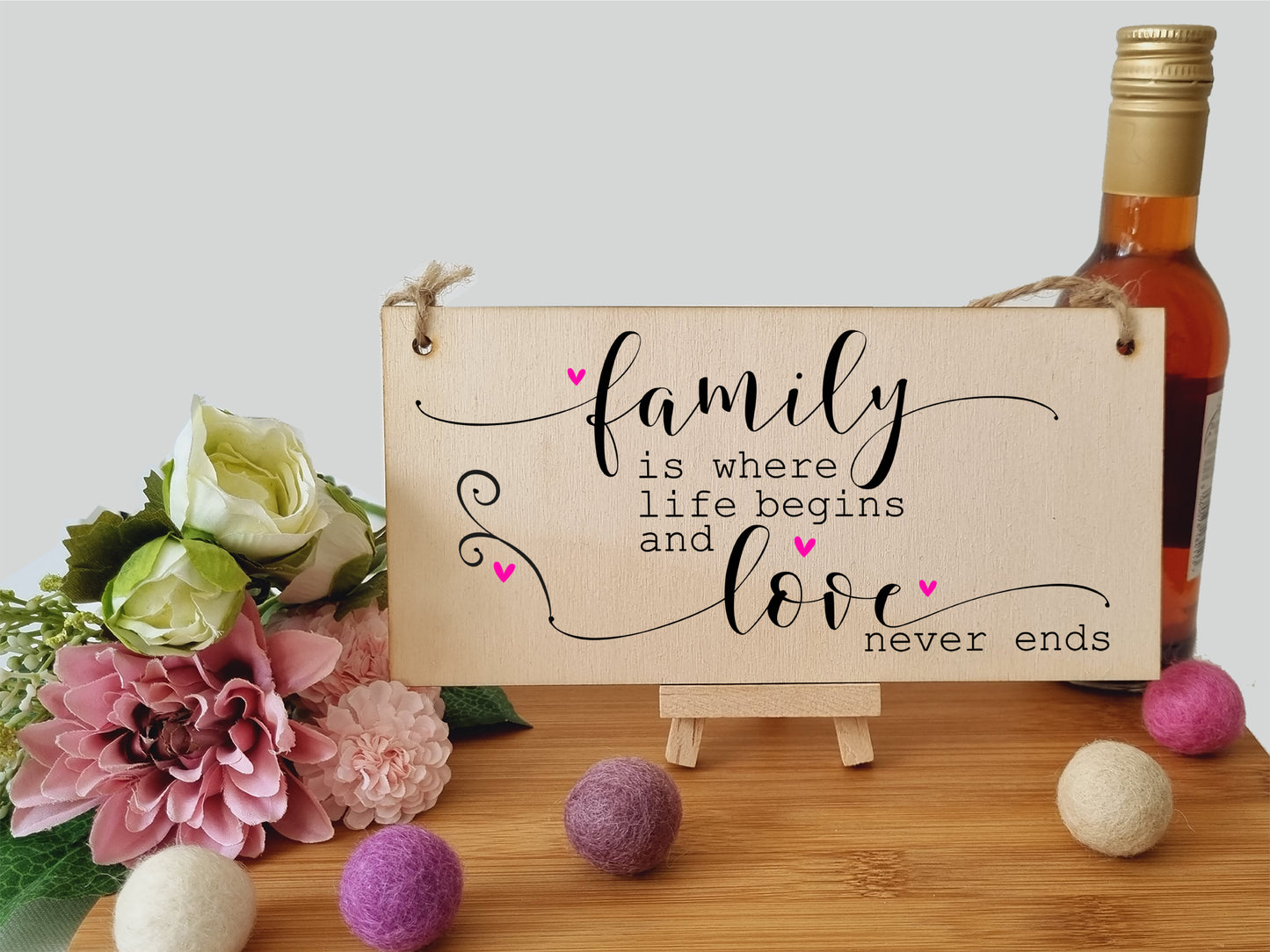 Handmade Wooden Hanging Wall Plaque Family Where Life Begins Love Never Ends Decorative Sentimental Sign Gift Family