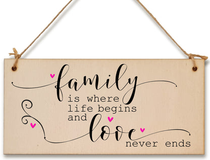 Handmade Wooden Hanging Wall Plaque Family Where Life Begins Love Never Ends Decorative Sentimental Sign Gift Family