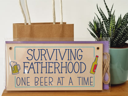 Handmade Wooden Hanging Wall Plaque Surviving Fatherhood One Beer at a Time Novelty Sign Father's Day Gift Man Cave