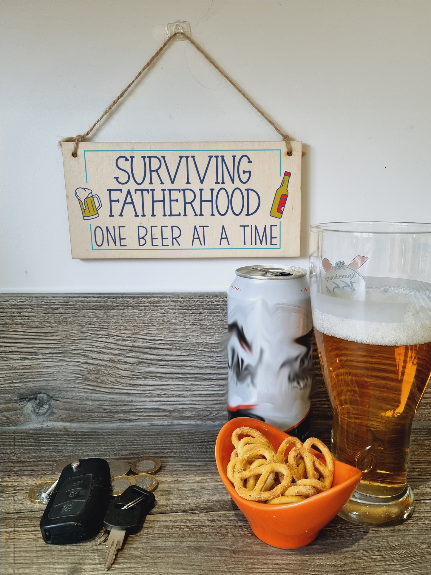 Handmade Wooden Hanging Wall Plaque Surviving Fatherhood One Beer at a Time Novelty Sign Father's Day Gift Man Cave