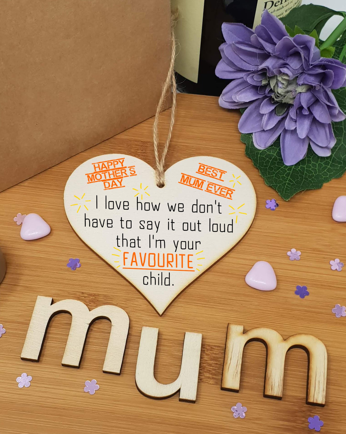 Handmade Wooden Hanging Heart Plaque Mother's Day Gift mum I'm your favourite child funny novelty keepsake wall hanger card alternative from son daughter kids