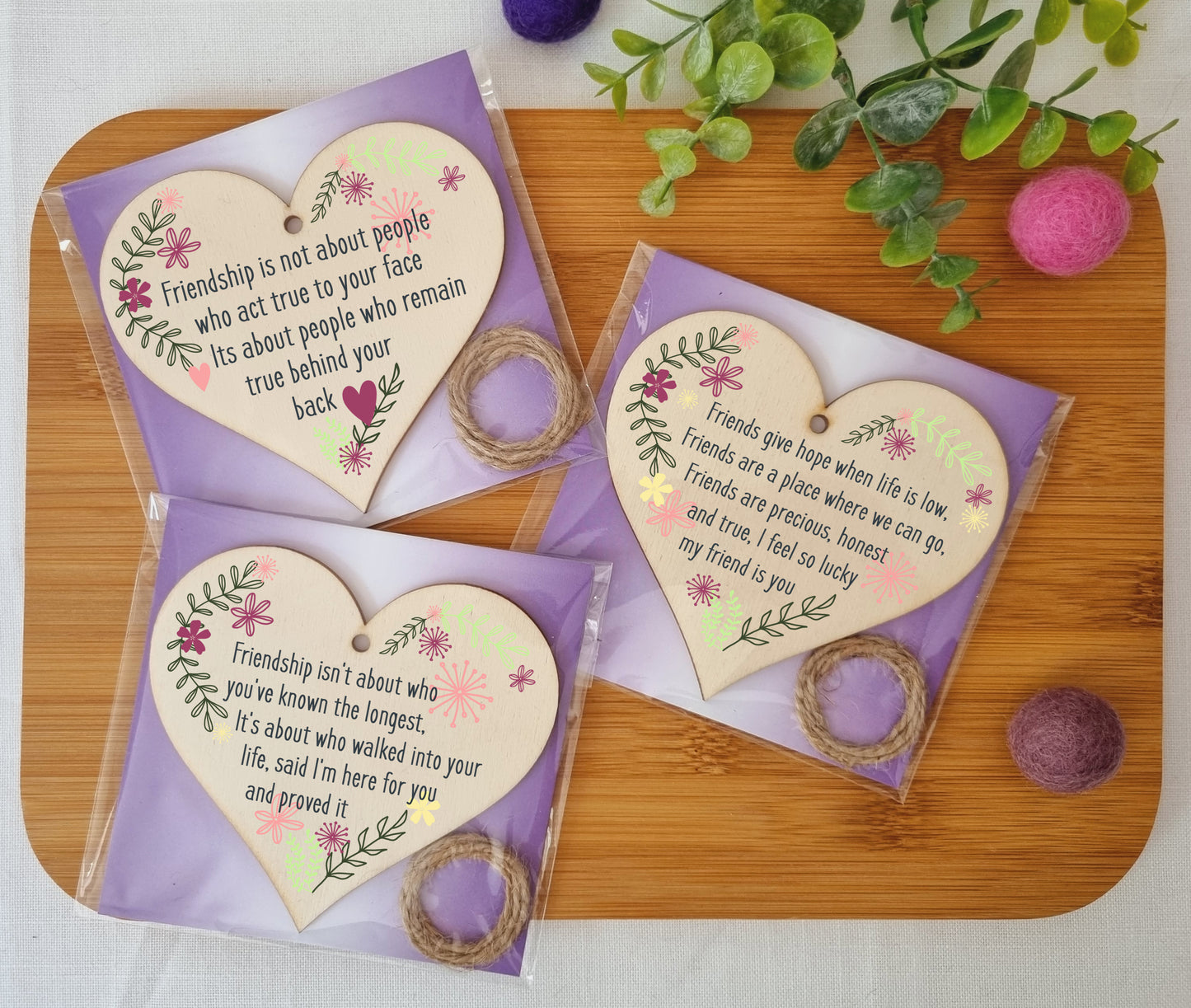 Set of 3 Hanging Decorations Wooden Hearts Friendship Gifts or BFF Besties Celebration | Friends Are Precious | Friends Stay True