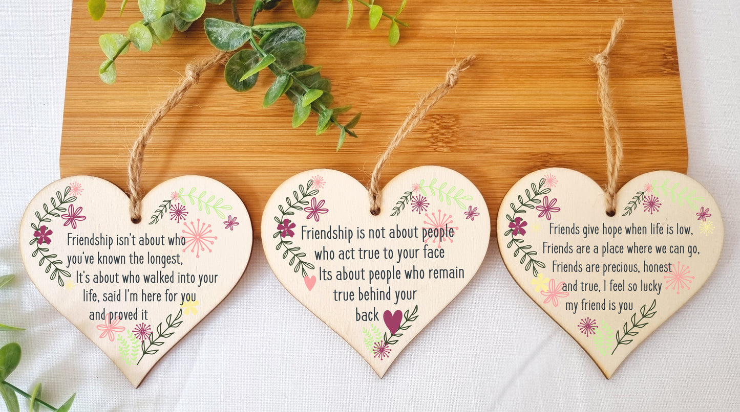 Set of 3 Hanging Decorations Wooden Hearts Friendship Gifts or BFF Besties Celebration | Friends Are Precious | Friends Stay True