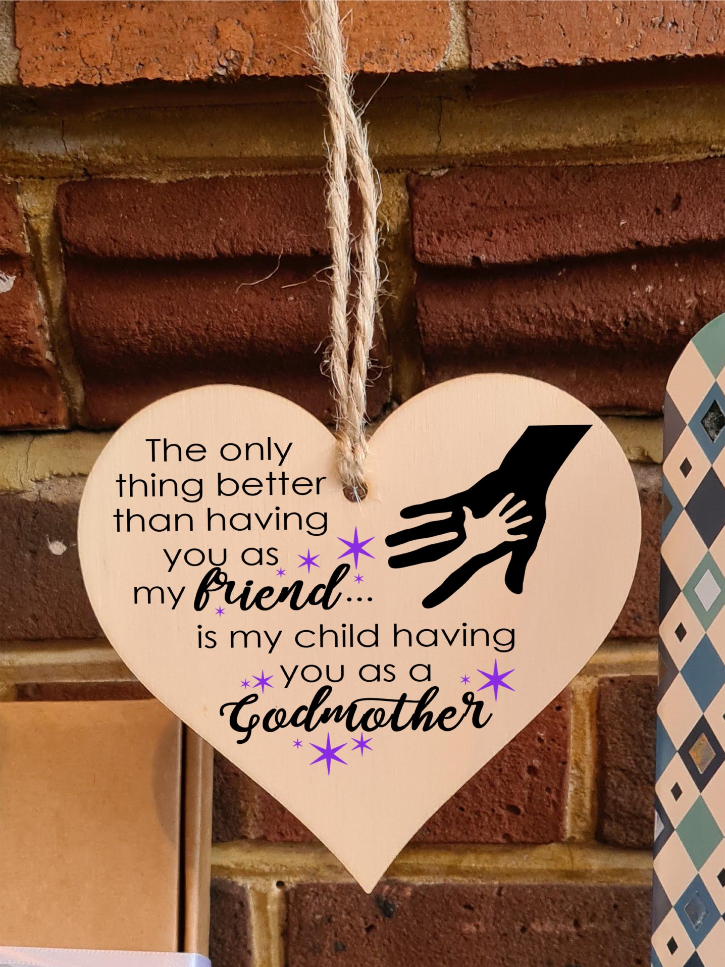 Handmade Wooden Hanging Heart Plaque Gift for Friend Godmother Loving Thoughtful Thank You Keepsake