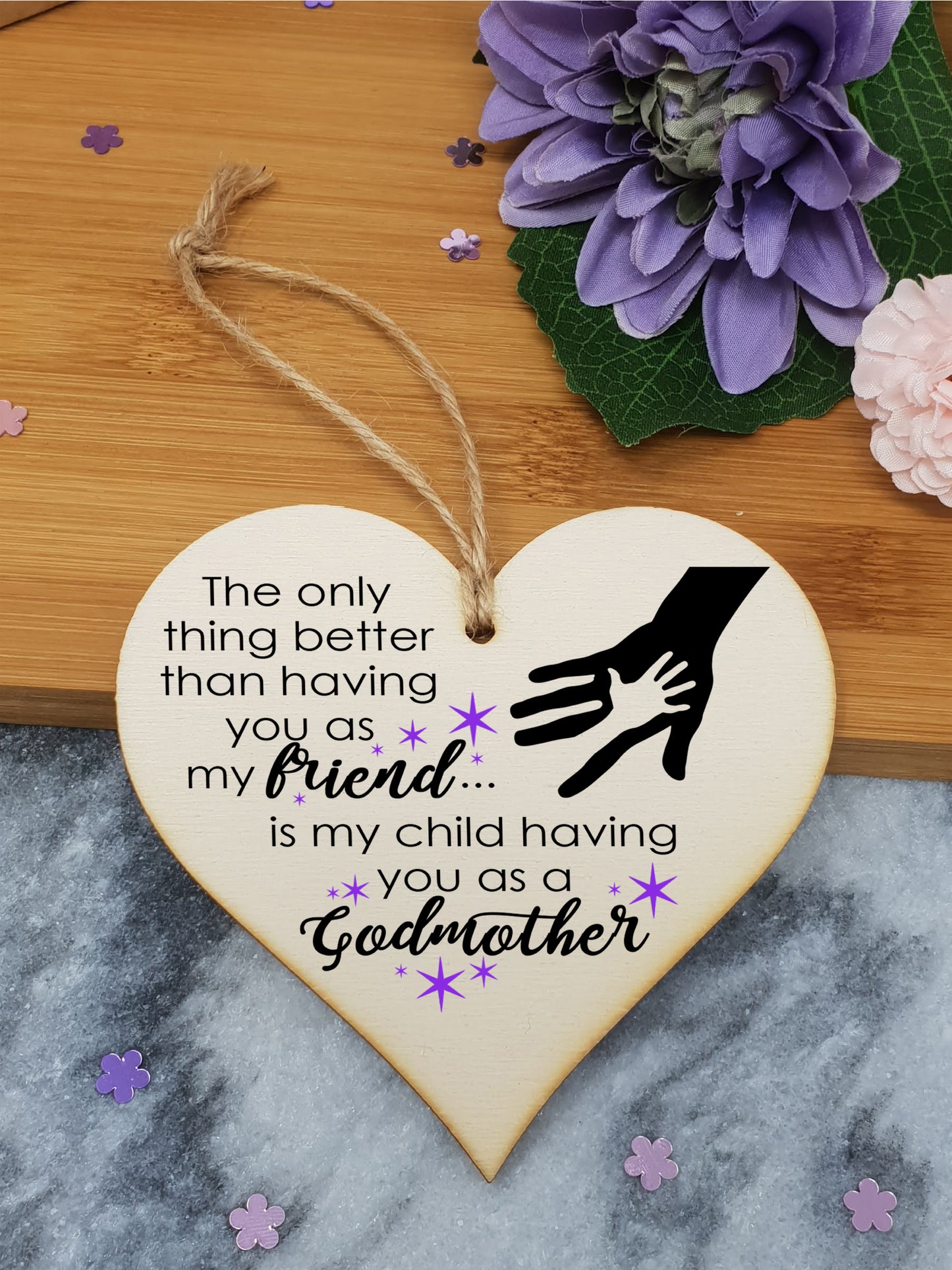 Handmade Wooden Hanging Heart Plaque Gift for Friend Godmother Loving Thoughtful Thank You Keepsake