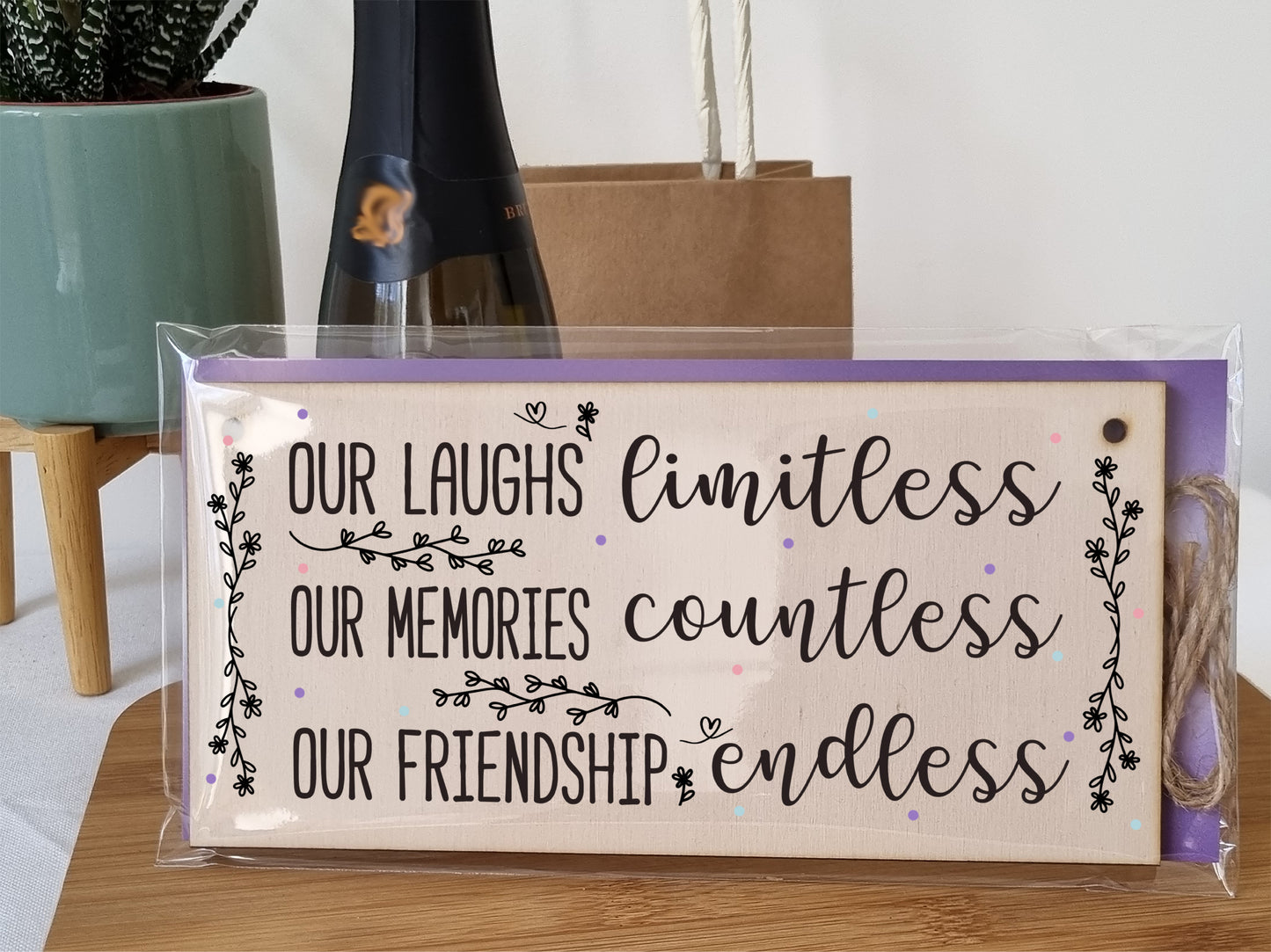 Our Laughs Limitless Friendship Endless Sweet Sentimental Handmade Wooden Hanging Wall Plaque Gift for Best Friend