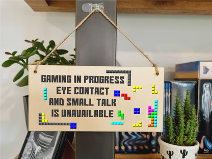 Handmade Wooden Hanging Wall Plaque Gaming In Progress Novelty Gift Gamers Computer Game Fans Man Cave Sign