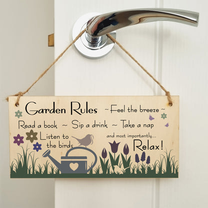 Handmade Wooden Hanging Wall Plaque Garden Rules Relax Feel the Breeze Take a Nap Pretty Sign for Gardeners