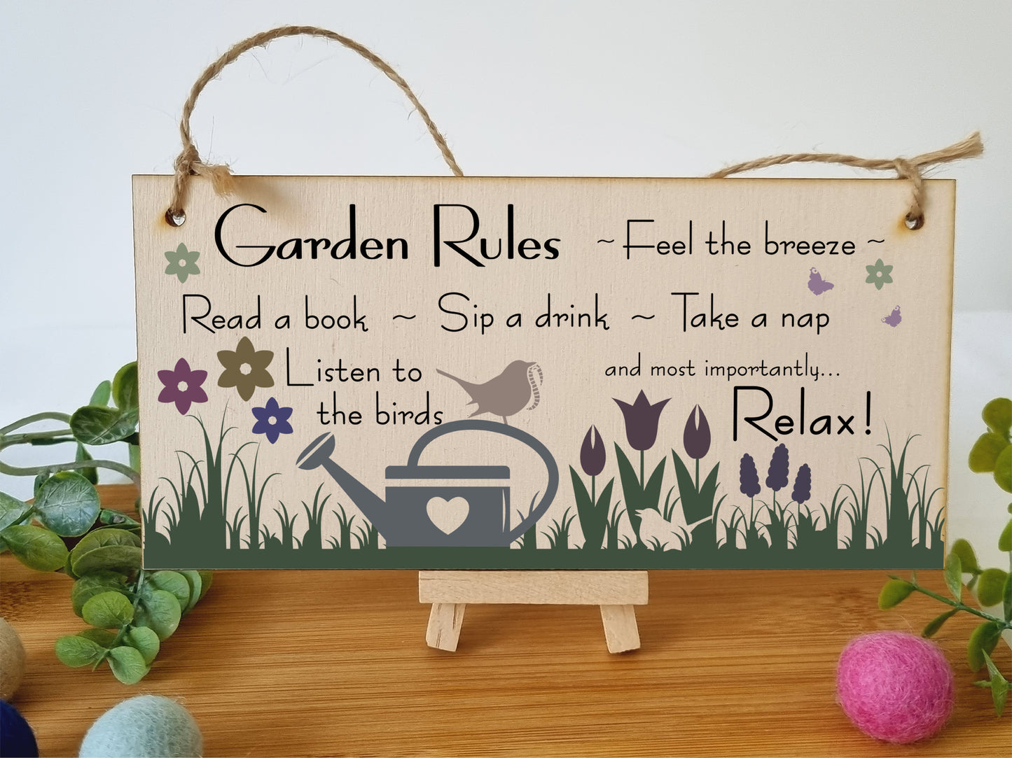 Handmade Wooden Hanging Wall Plaque Garden Rules Relax Feel the Breeze Take a Nap Pretty Sign for Gardeners