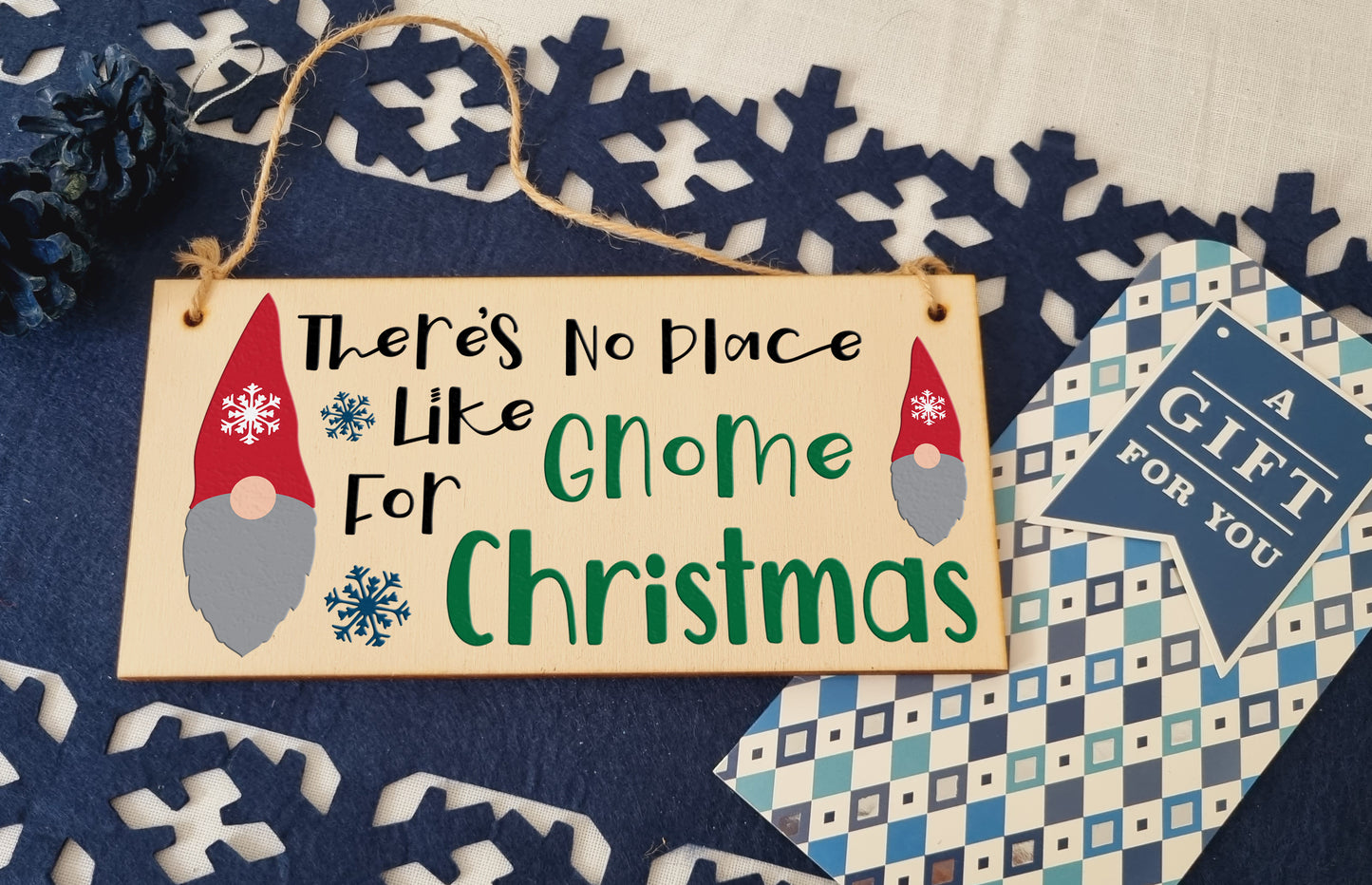 There is No Place Like Gnome at Christmas Fun Decorative Sign Handmade Wooden Hanging Wall Plaque Gift