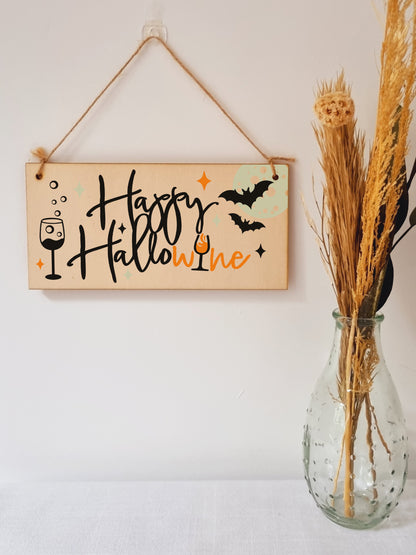 Happy HalloWine Funny Alcohol Halloween Wine Sign Handmade Wooden Hanging Wall Plaque Gift Kitchen Home Décor