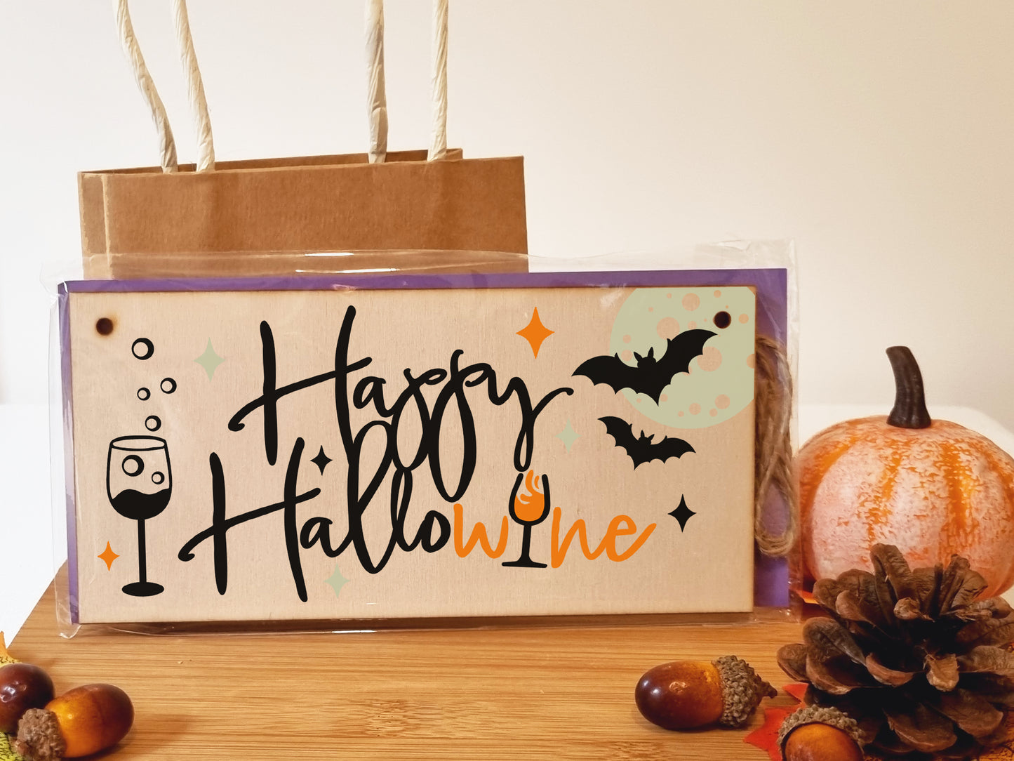 Happy HalloWine Funny Alcohol Halloween Wine Sign Handmade Wooden Hanging Wall Plaque Gift Kitchen Home Décor