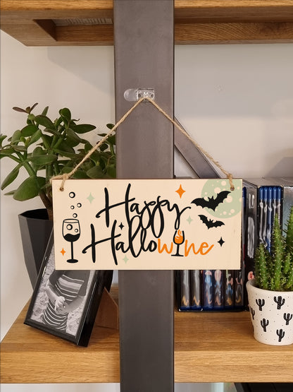 Happy HalloWine Funny Alcohol Halloween Wine Sign Handmade Wooden Hanging Wall Plaque Gift Kitchen Home Décor