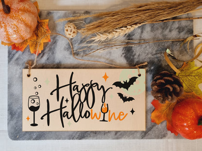 Happy HalloWine Funny Alcohol Halloween Wine Sign Handmade Wooden Hanging Wall Plaque Gift Kitchen Home Décor