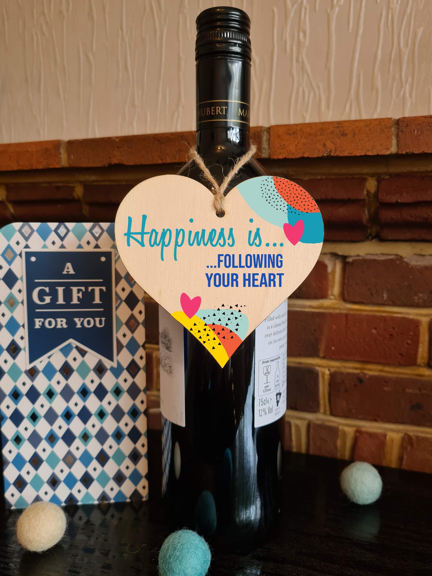 Handmade Wooden Hanging Heart Plaque Gift Happiness is Following Your Heart Inspirational Wall Hanger Card Alternative Friendship Family