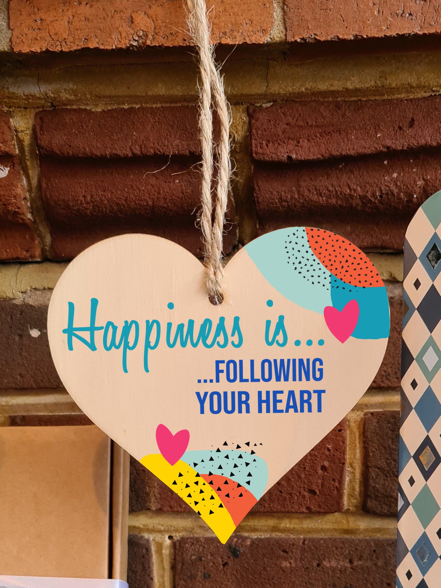 Handmade Wooden Hanging Heart Plaque Gift Happiness is Following Your Heart Inspirational Wall Hanger Card Alternative Friendship Family