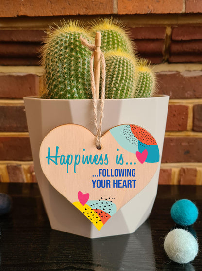 Handmade Wooden Hanging Heart Plaque Gift Happiness is Following Your Heart Inspirational Wall Hanger Card Alternative Friendship Family