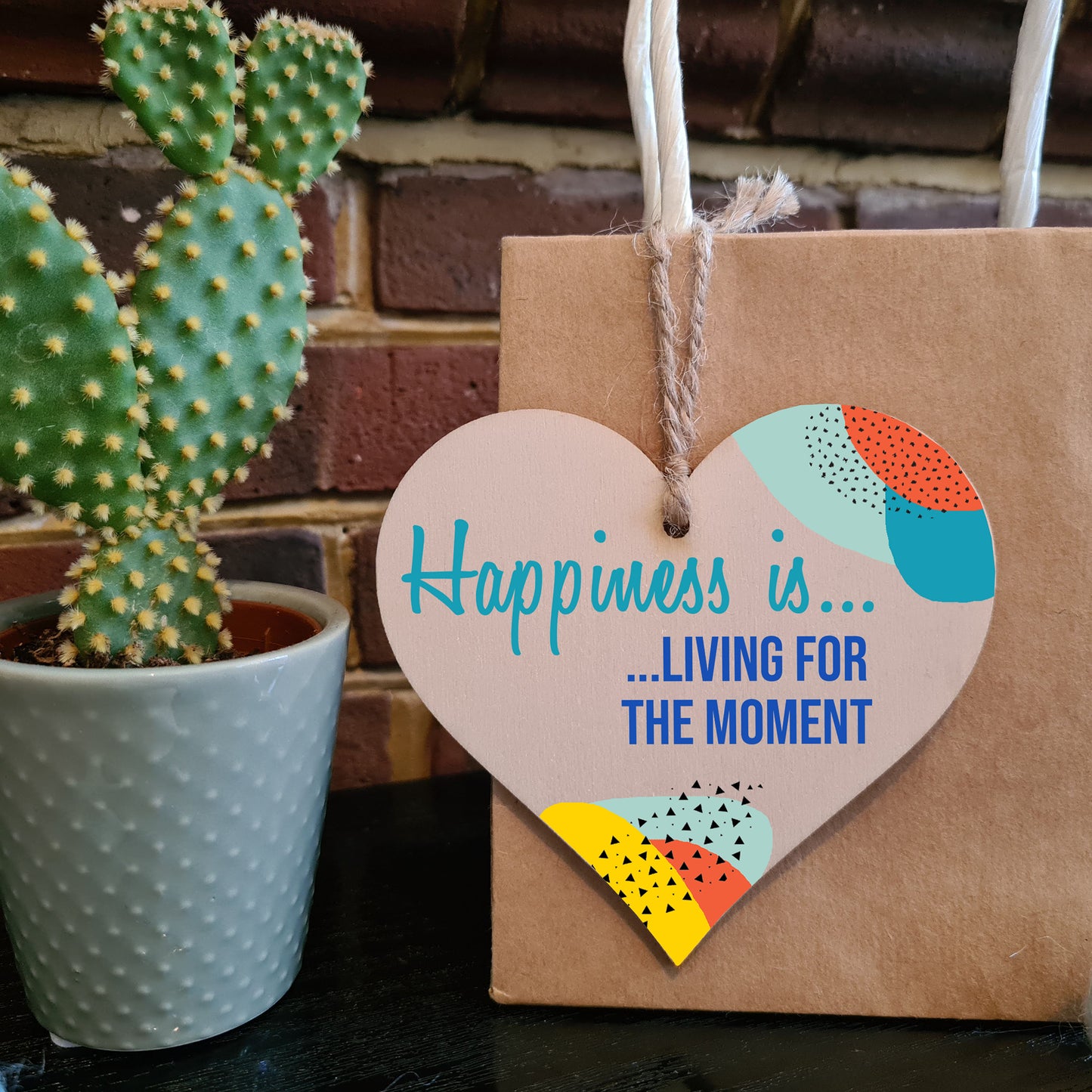 Handmade Wooden Hanging Heart Plaque Gift Happiness is Living for the Moment Inspirational Wall Hanger Card Alternative Friendship Family