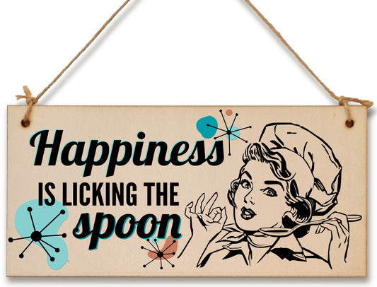 Happiness is licking the spoon Funny Novelty Handmade Wooden Plaque Kitchen Baking Hanging Sign Retro Style Home Décor