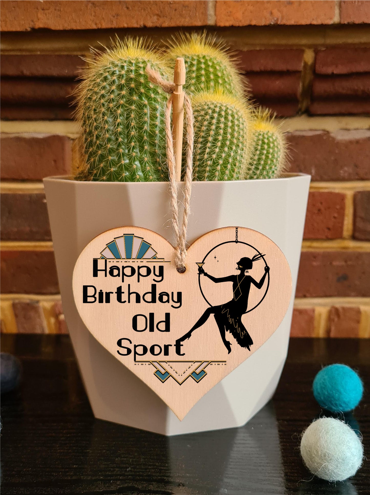 Happy Birthday Old Sport Art Deco Modern Style Funny Hanging Heart Wooden Decoration Gift Card Alternative