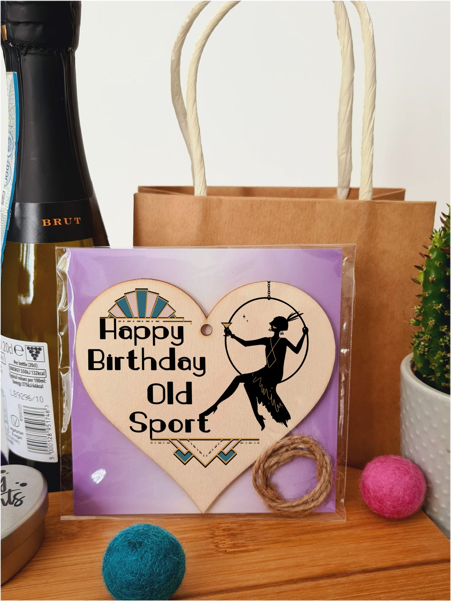 Happy Birthday Old Sport Art Deco Modern Style Funny Hanging Heart Wooden Decoration Gift Card Alternative