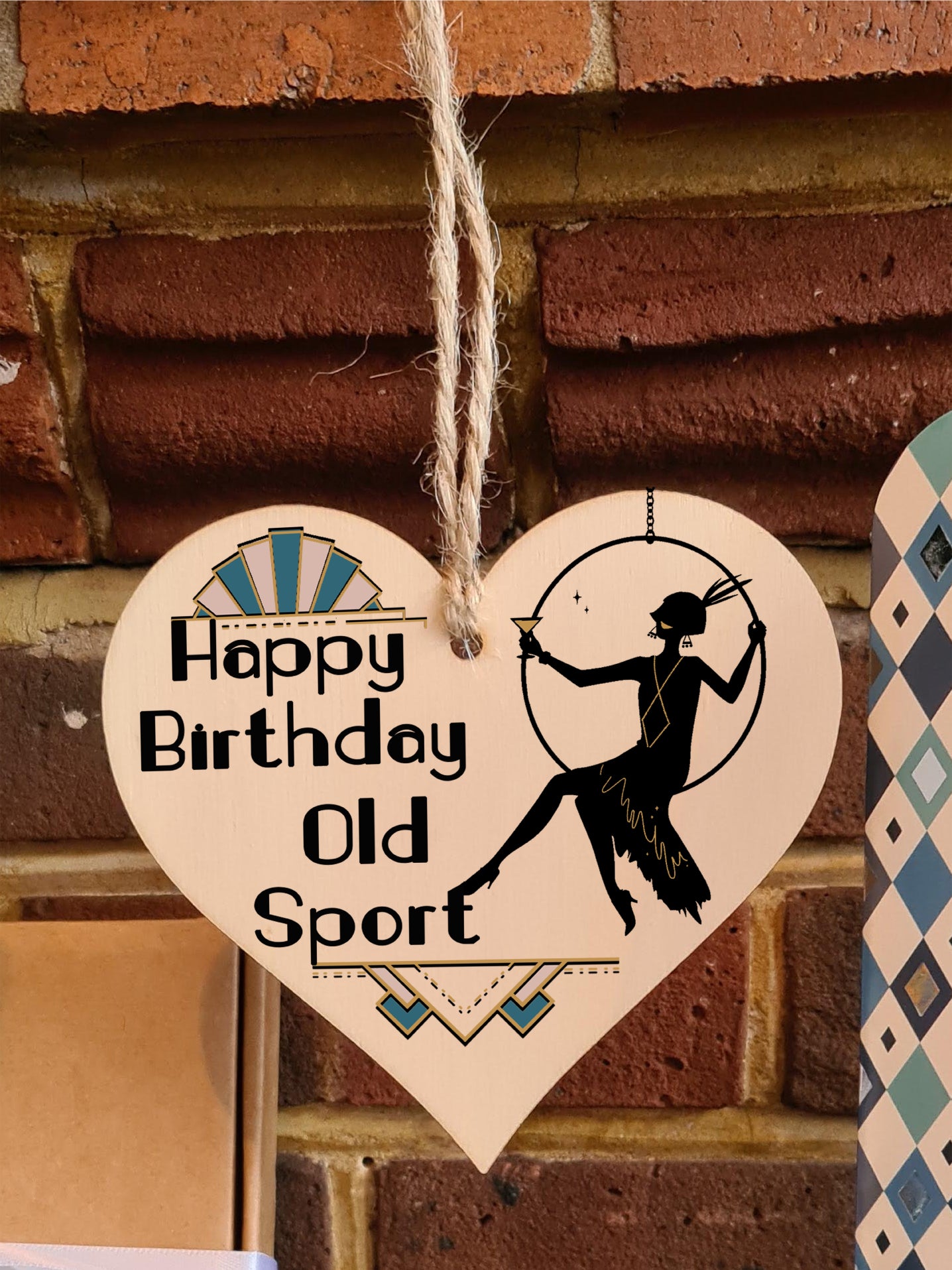 Happy Birthday Old Sport Art Deco Modern Style Funny Hanging Heart Wooden Decoration Gift Card Alternative