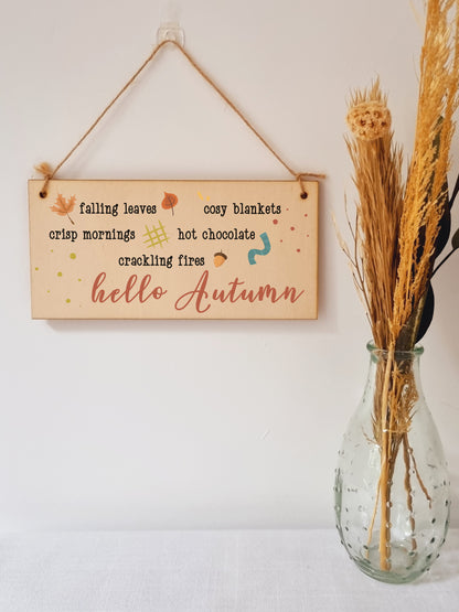 hello Autumn Seasonal Falling Leaves Cosy Decorative Sign Handmade Wooden Hanging Wall Plaque Gift Hallway Home Décor