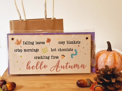 hello Autumn Seasonal Falling Leaves Cosy Decorative Sign Handmade Wooden Hanging Wall Plaque Gift Hallway Home Décor