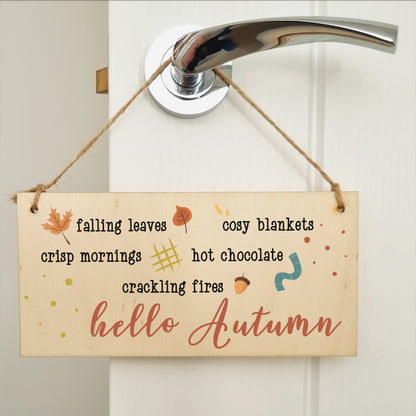 hello Autumn Seasonal Falling Leaves Cosy Decorative Sign Handmade Wooden Hanging Wall Plaque Gift Hallway Home Décor