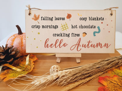 hello Autumn Seasonal Falling Leaves Cosy Decorative Sign Handmade Wooden Hanging Wall Plaque Gift Hallway Home Décor