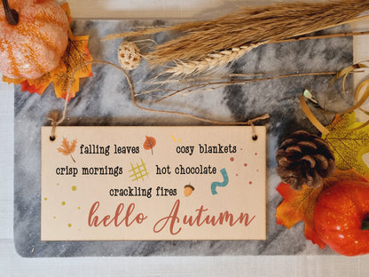 hello Autumn Seasonal Falling Leaves Cosy Decorative Sign Handmade Wooden Hanging Wall Plaque Gift Hallway Home Décor