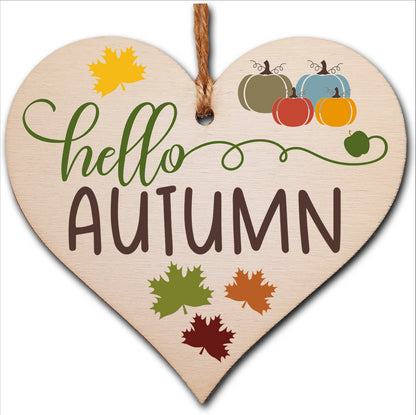 hello Autumn Seasonal Falling Leaves Pumpkin Decorative Hanging Heart Wooden Decoration Gift Card Alternative