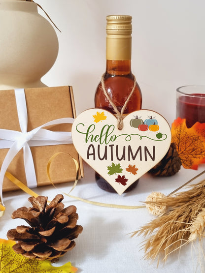 hello Autumn Seasonal Falling Leaves Pumpkin Decorative Hanging Heart Wooden Decoration Gift Card Alternative