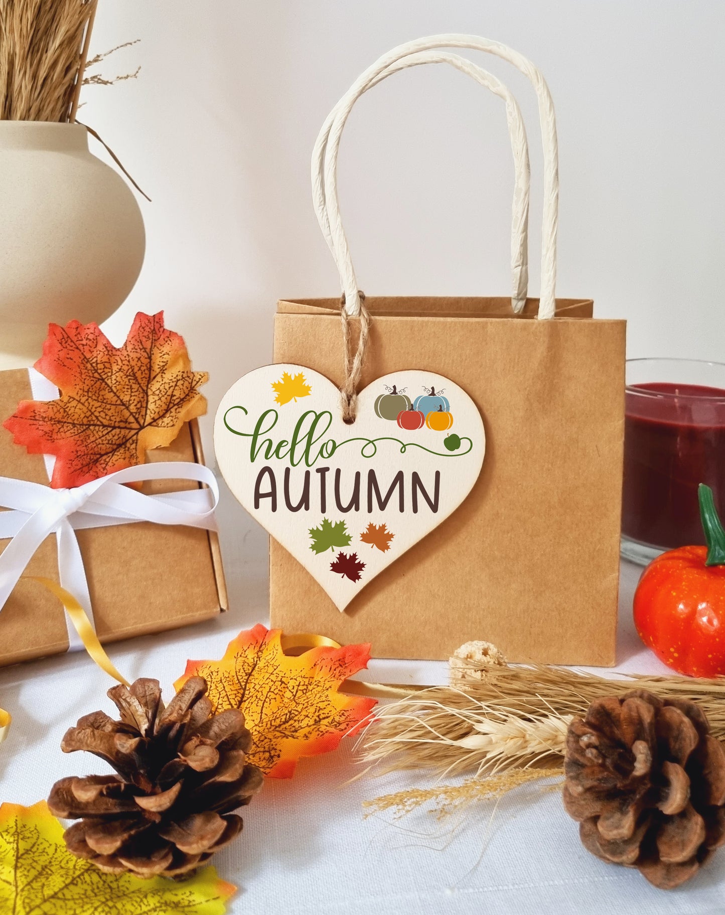 hello Autumn Seasonal Falling Leaves Pumpkin Decorative Hanging Heart Wooden Decoration Gift Card Alternative