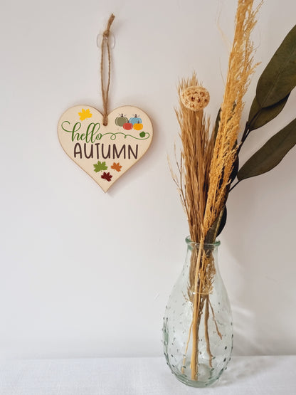 hello Autumn Seasonal Falling Leaves Pumpkin Decorative Hanging Heart Wooden Decoration Gift Card Alternative