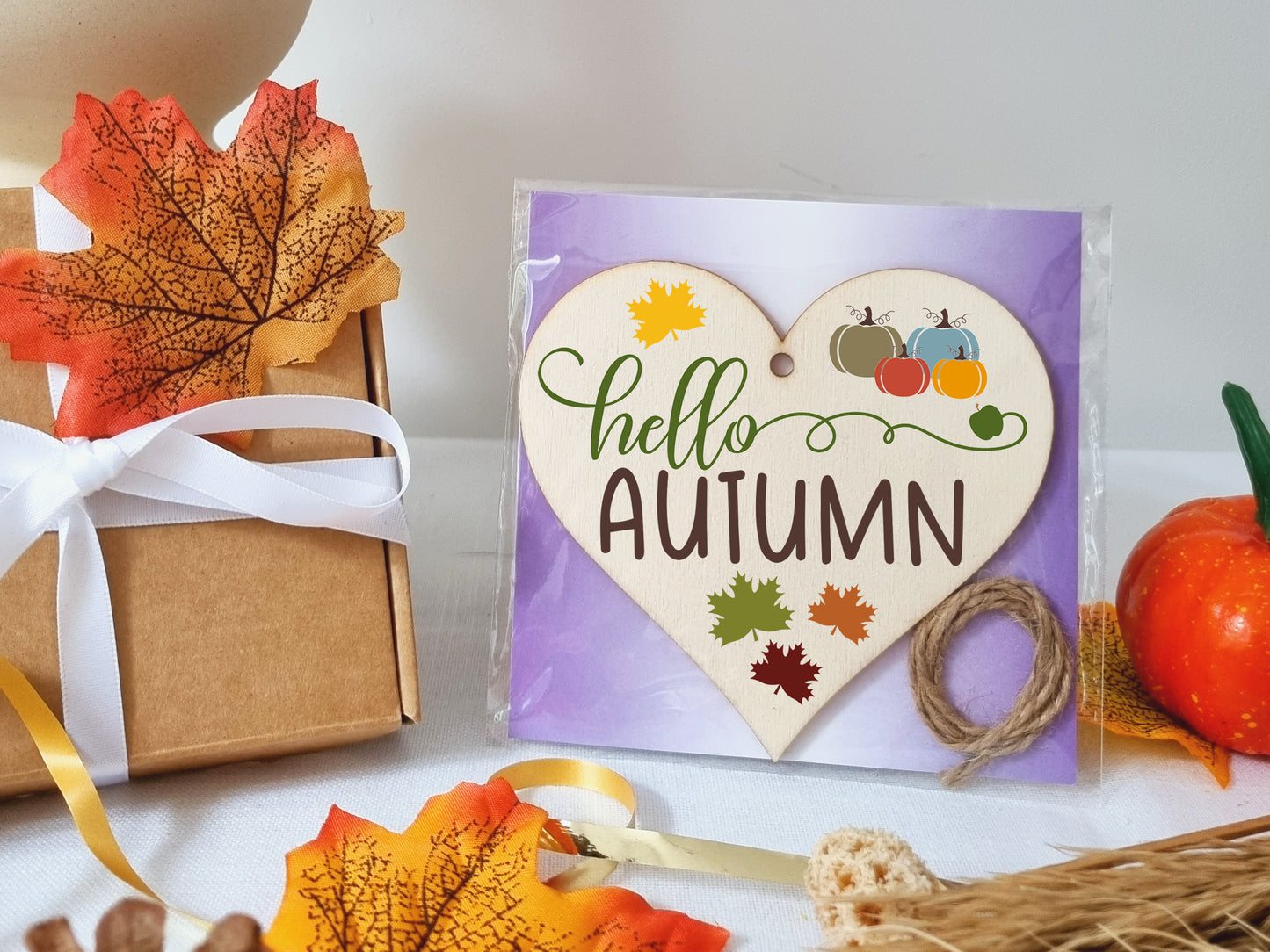 hello Autumn Seasonal Falling Leaves Pumpkin Decorative Hanging Heart Wooden Decoration Gift Card Alternative