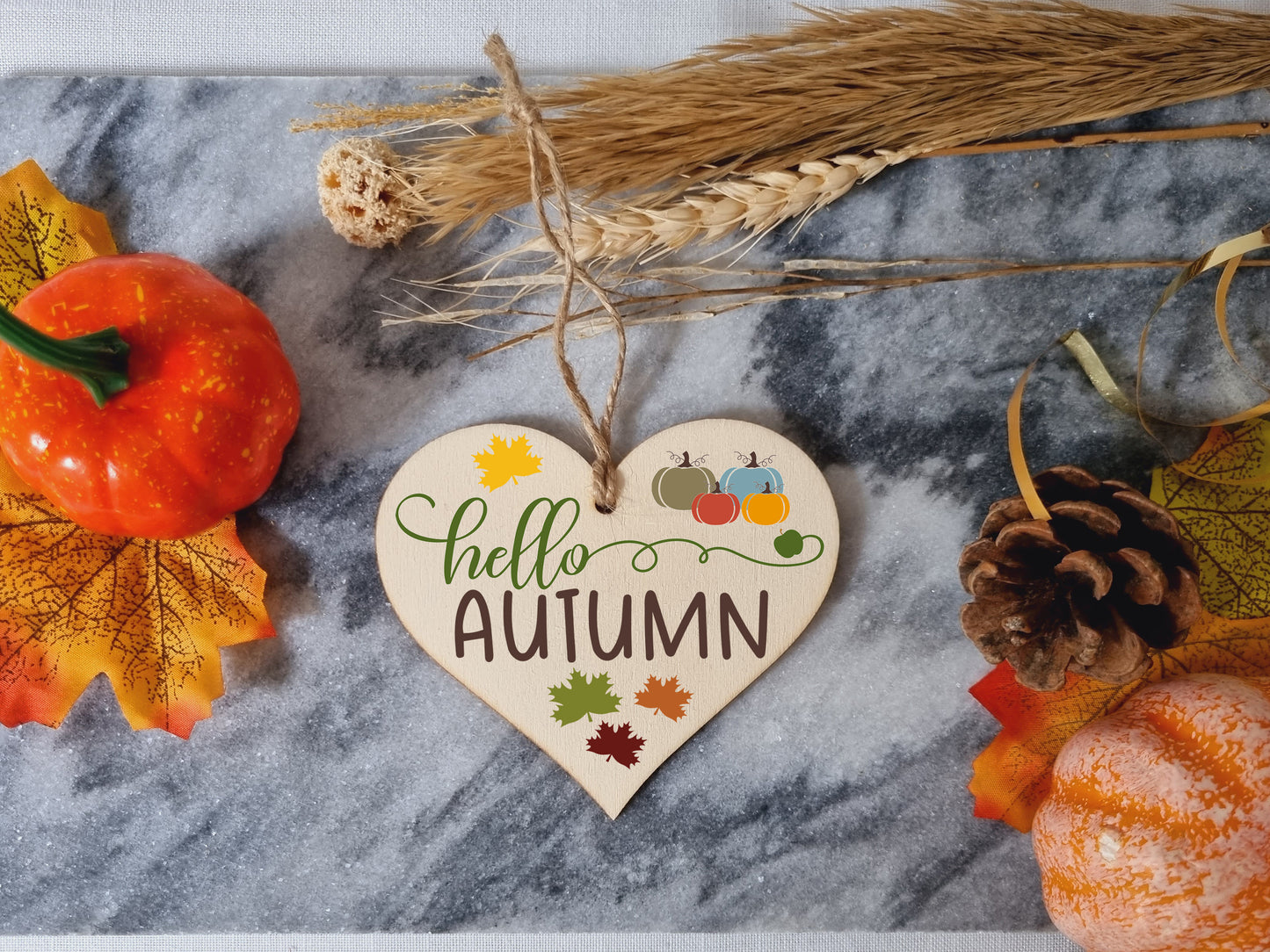 hello Autumn Seasonal Falling Leaves Pumpkin Decorative Hanging Heart Wooden Decoration Gift Card Alternative