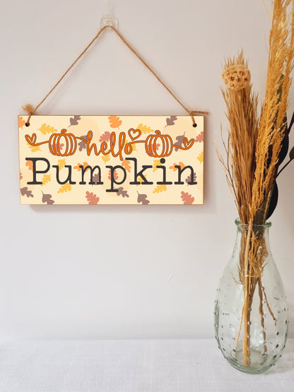 hello Pumpkin Seasonal Falling Leaves Decorative Cute Sign Handmade Wooden Hanging Wall Plaque Gift Hallway Home Décor