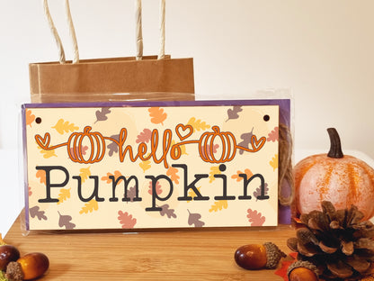 hello Pumpkin Seasonal Falling Leaves Decorative Cute Sign Handmade Wooden Hanging Wall Plaque Gift Hallway Home Décor