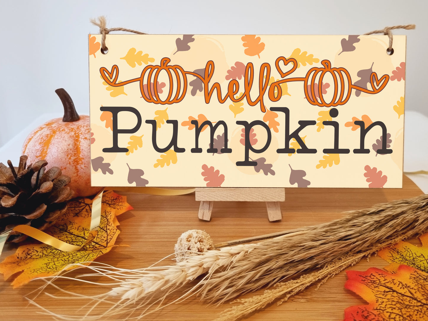 hello Pumpkin Seasonal Falling Leaves Decorative Cute Sign Handmade Wooden Hanging Wall Plaque Gift Hallway Home Décor