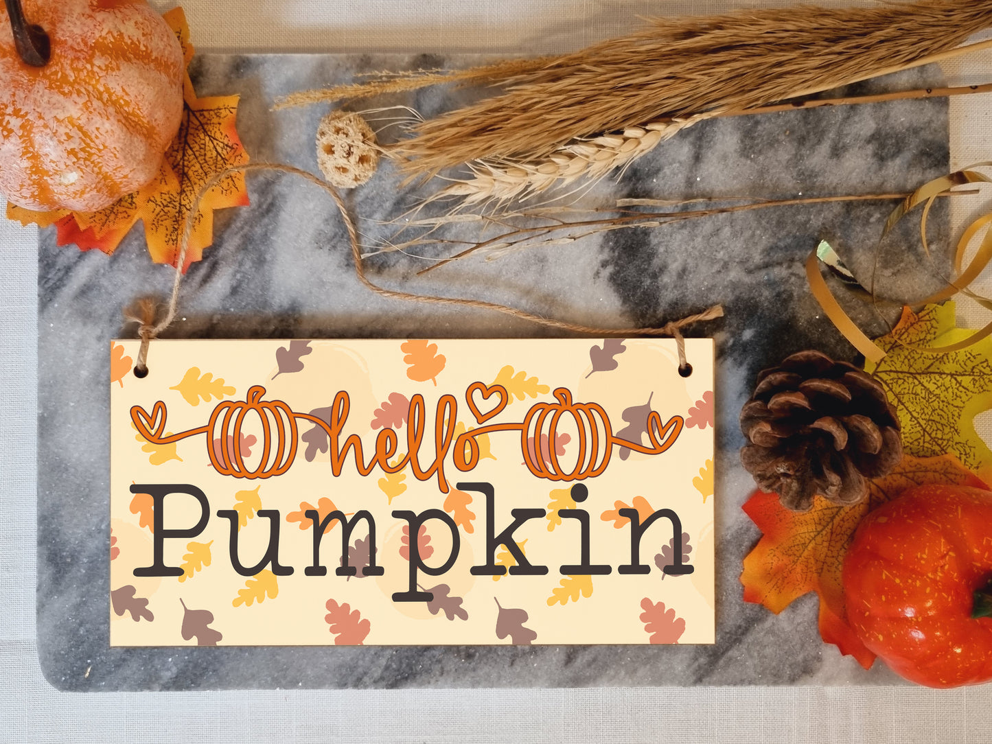 hello Pumpkin Seasonal Falling Leaves Decorative Cute Sign Handmade Wooden Hanging Wall Plaque Gift Hallway Home Décor