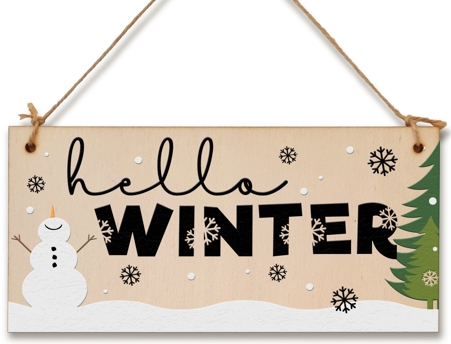 hello winter Decorative Christmas Sign Seasonal Snowy Scene Handmade Wooden Hanging Wall Plaque Gift