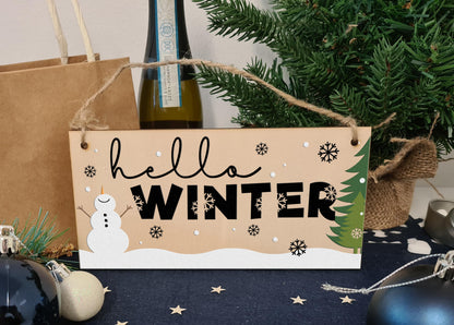 hello winter Decorative Christmas Sign Seasonal Snowy Scene Handmade Wooden Hanging Wall Plaque Gift